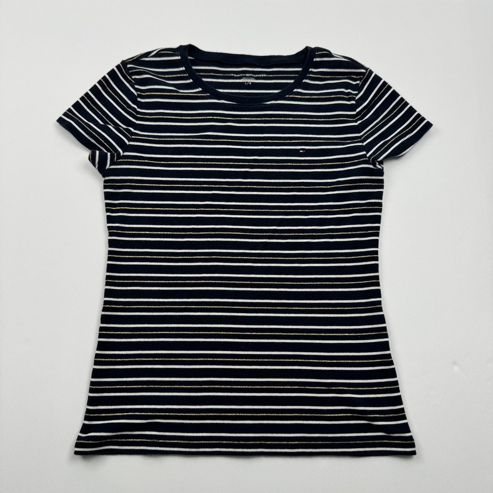 Tommy Hilfiger Shirt Girls Large Navy Blue White Striped Short Sleeve Tee Top